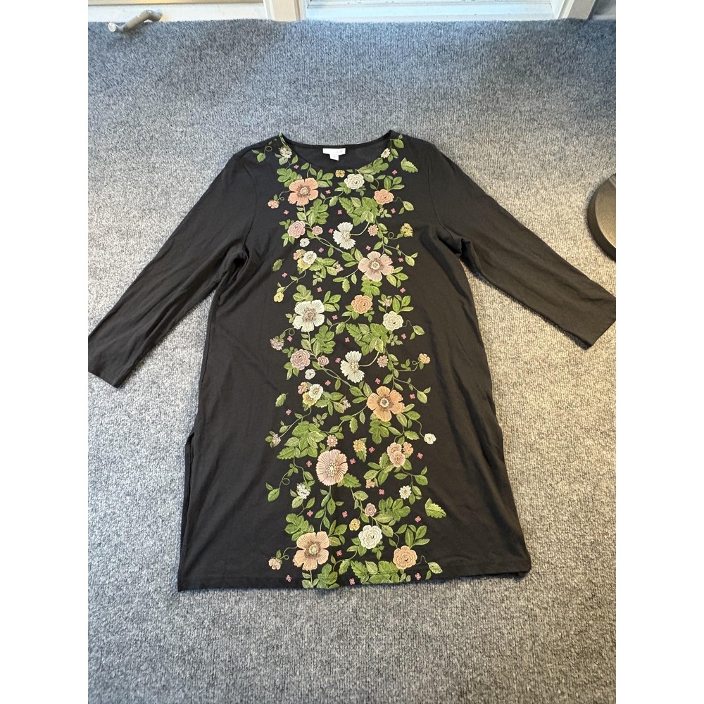 J Jill Tunic Dress Womens Small Black Floral Print 3/4 Sleeve Pockets Boho Fall